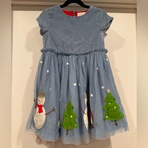 Mini Boden Festive Blue Dress with Snowman and Tree